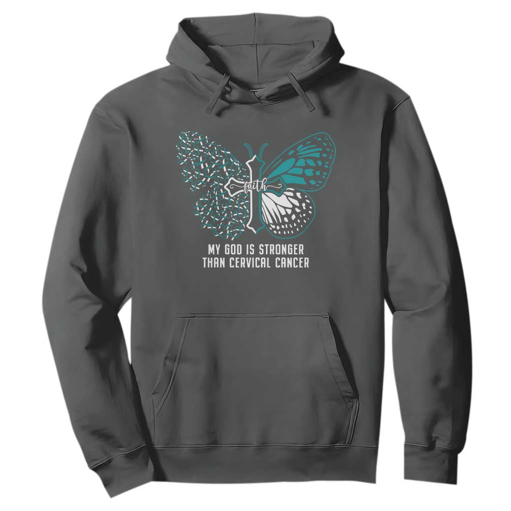 Cervical Cancer Warrior Hoodie My God is Stronger Teal And White Butterfly Christian Cross Faith TS02 Dark Heather Print Your Wear