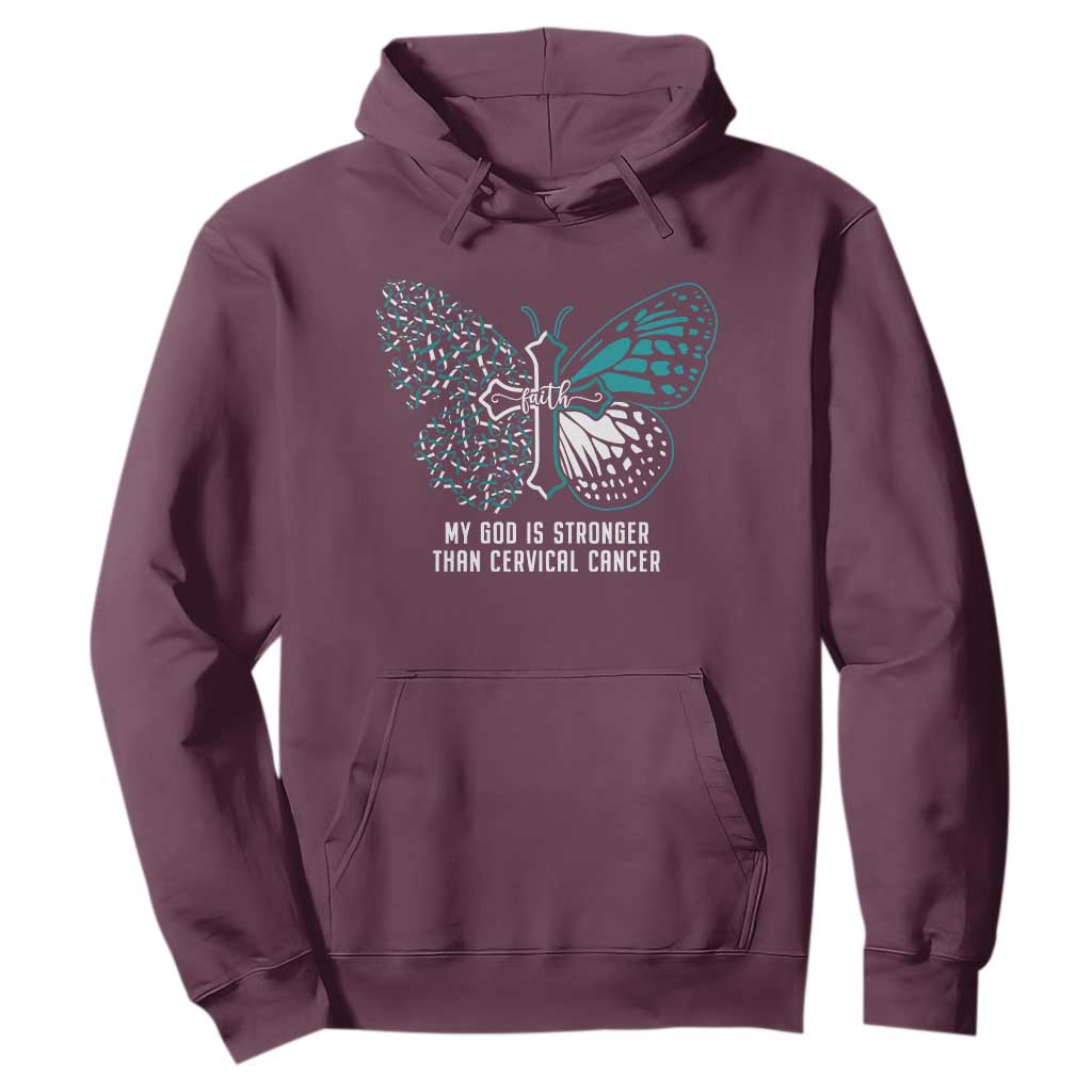 Cervical Cancer Warrior Hoodie My God is Stronger Teal And White Butterfly Christian Cross Faith TS02 Maroon Print Your Wear