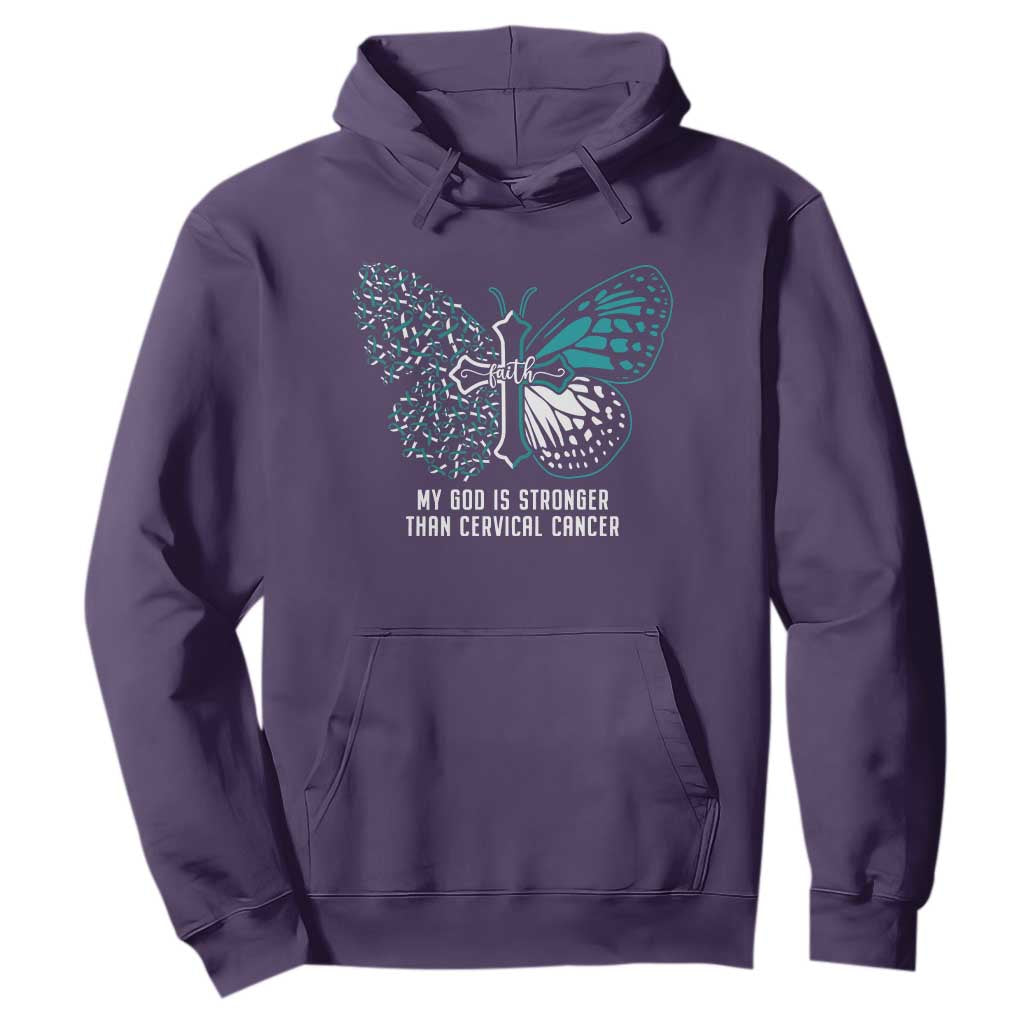 Cervical Cancer Warrior Hoodie My God is Stronger Teal And White Butterfly Christian Cross Faith TS02 Purple Print Your Wear