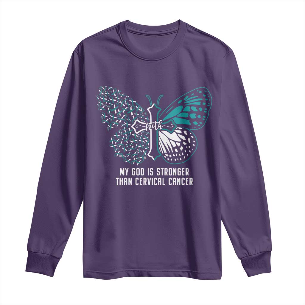 Cervical Cancer Warrior Long Sleeve Shirt My God is Stronger Teal And White Butterfly Christian Cross Faith TS02 Purple Print Your Wear