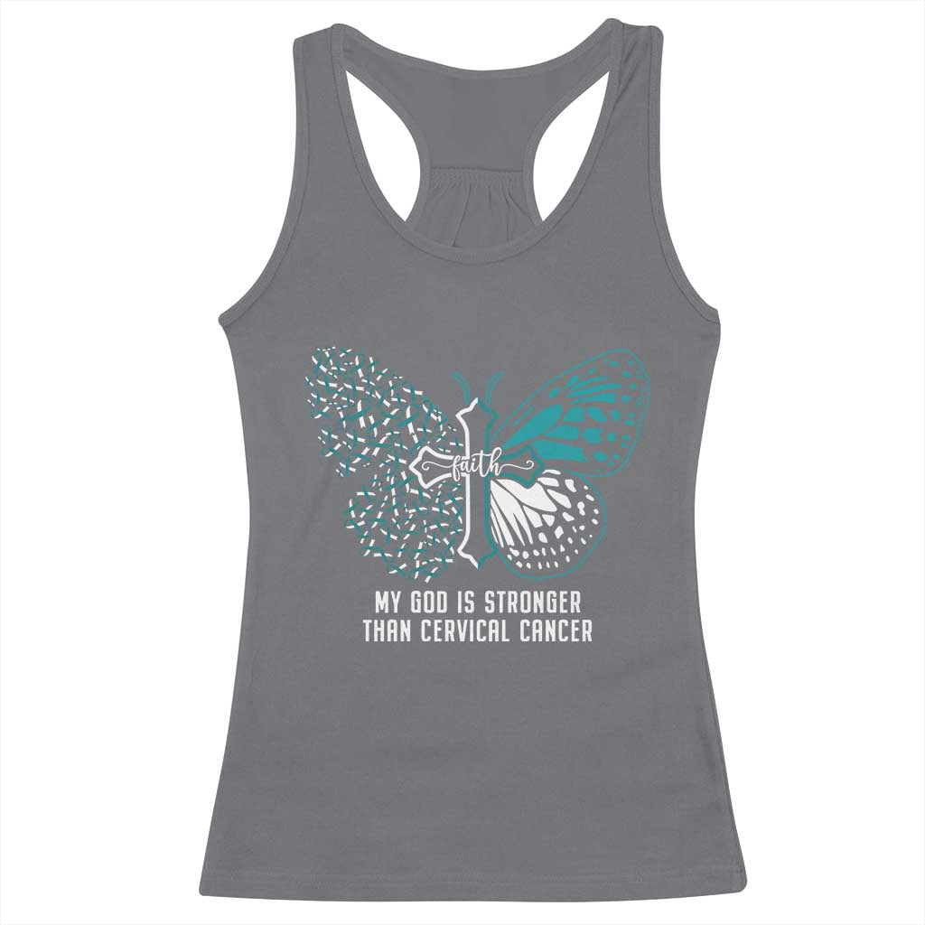Cervical Cancer Warrior Racerback Tank Top My God is Stronger Teal And White Butterfly Christian Cross Faith TS02 Charcoal Print Your Wear
