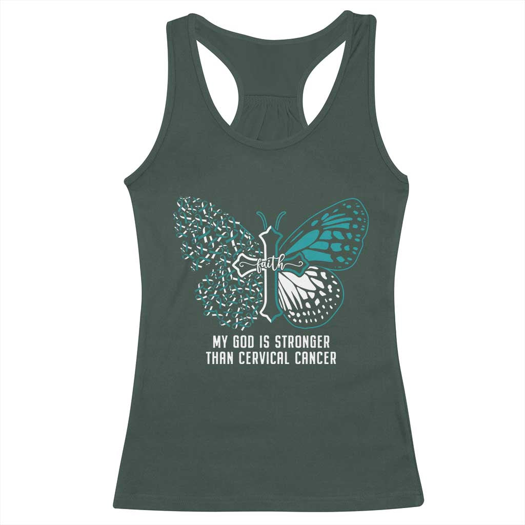 Cervical Cancer Warrior Racerback Tank Top My God is Stronger Teal And White Butterfly Christian Cross Faith TS02 Dark Forest Green Print Your Wear