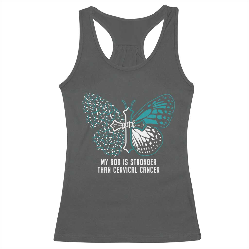Cervical Cancer Warrior Racerback Tank Top My God is Stronger Teal And White Butterfly Christian Cross Faith TS02 Dark Heather Print Your Wear