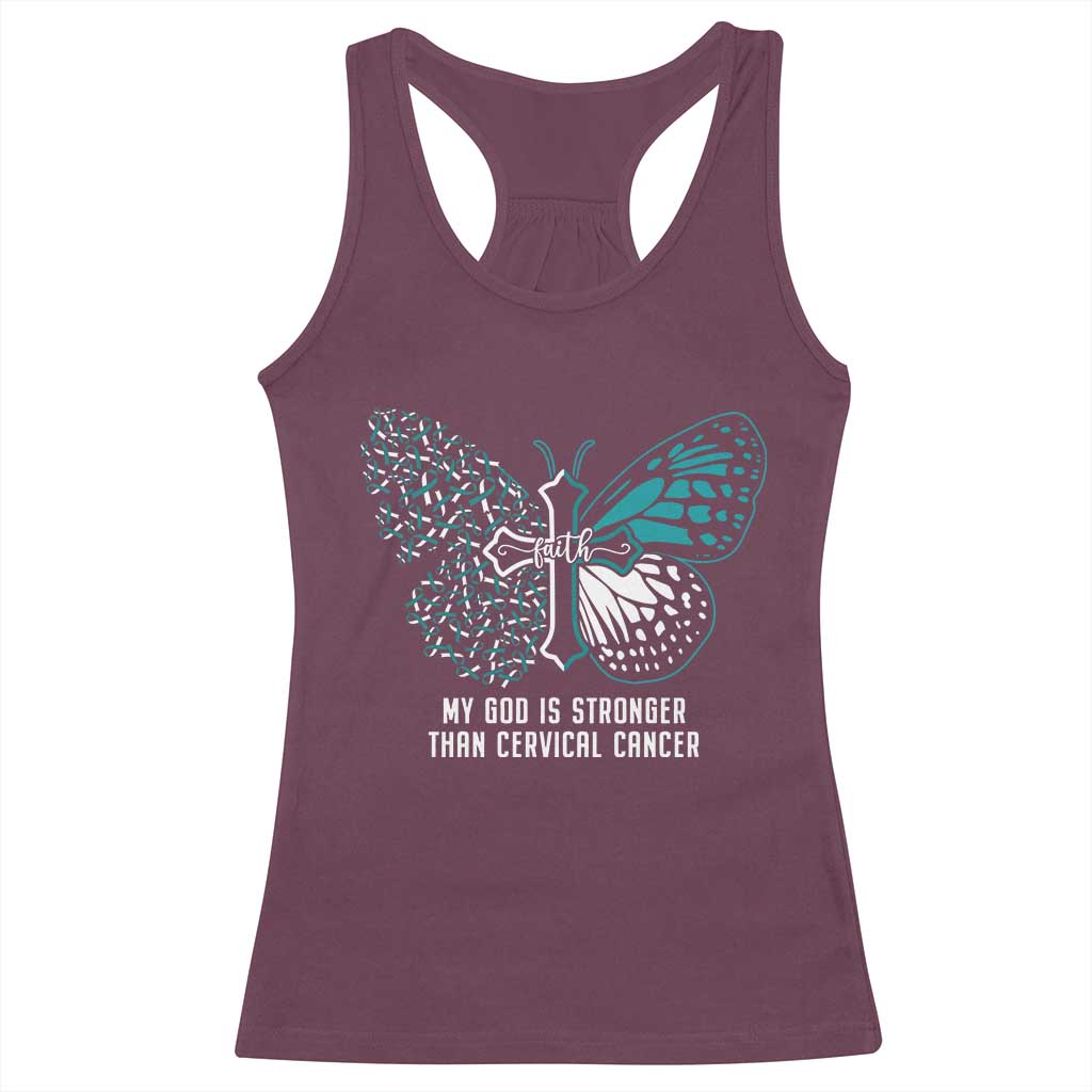 Cervical Cancer Warrior Racerback Tank Top My God is Stronger Teal And White Butterfly Christian Cross Faith TS02 Maroon Print Your Wear