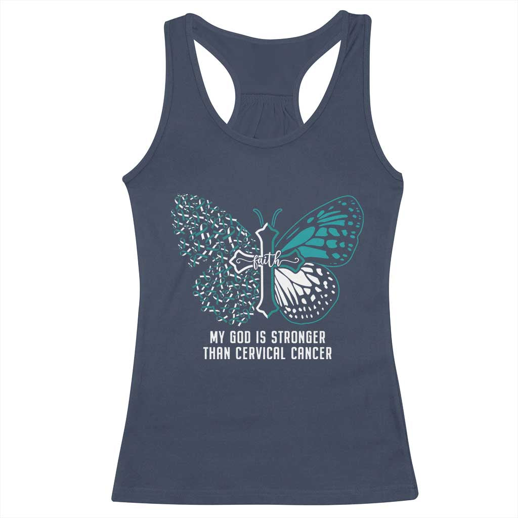 Cervical Cancer Warrior Racerback Tank Top My God is Stronger Teal And White Butterfly Christian Cross Faith TS02 Navy Print Your Wear