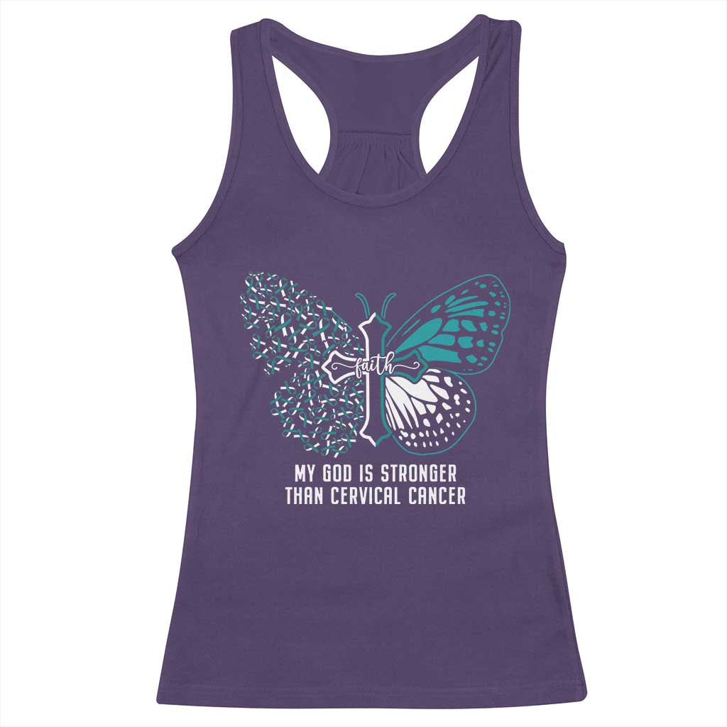 Cervical Cancer Warrior Racerback Tank Top My God is Stronger Teal And White Butterfly Christian Cross Faith TS02 Purple Print Your Wear