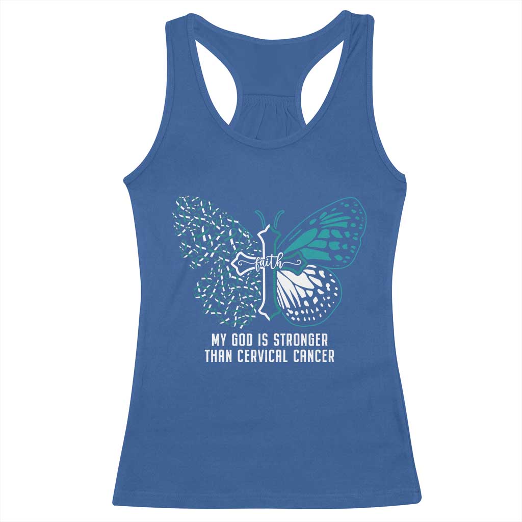 Cervical Cancer Warrior Racerback Tank Top My God is Stronger Teal And White Butterfly Christian Cross Faith TS02 Royal Blue Print Your Wear