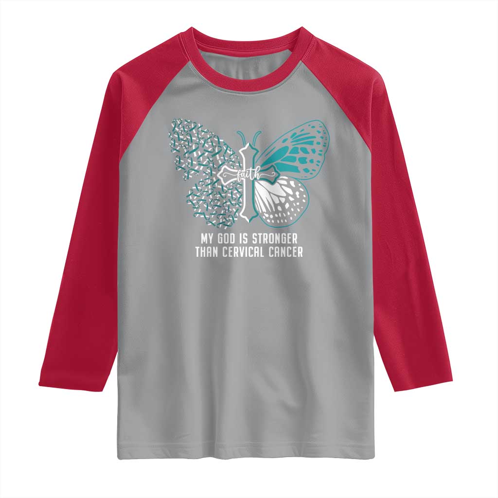 Cervical Cancer Warrior Raglan Shirt My God is Stronger Teal And White Butterfly Christian Cross Faith TS02 Sport Gray Red Print Your Wear