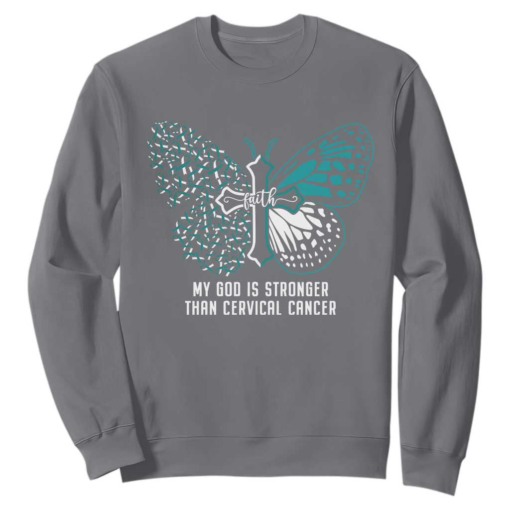 Cervical Cancer Warrior Sweatshirt My God is Stronger Teal And White Butterfly Christian Cross Faith TS02 Charcoal Print Your Wear