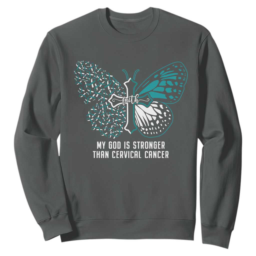 Cervical Cancer Warrior Sweatshirt My God is Stronger Teal And White Butterfly Christian Cross Faith TS02 Dark Heather Print Your Wear