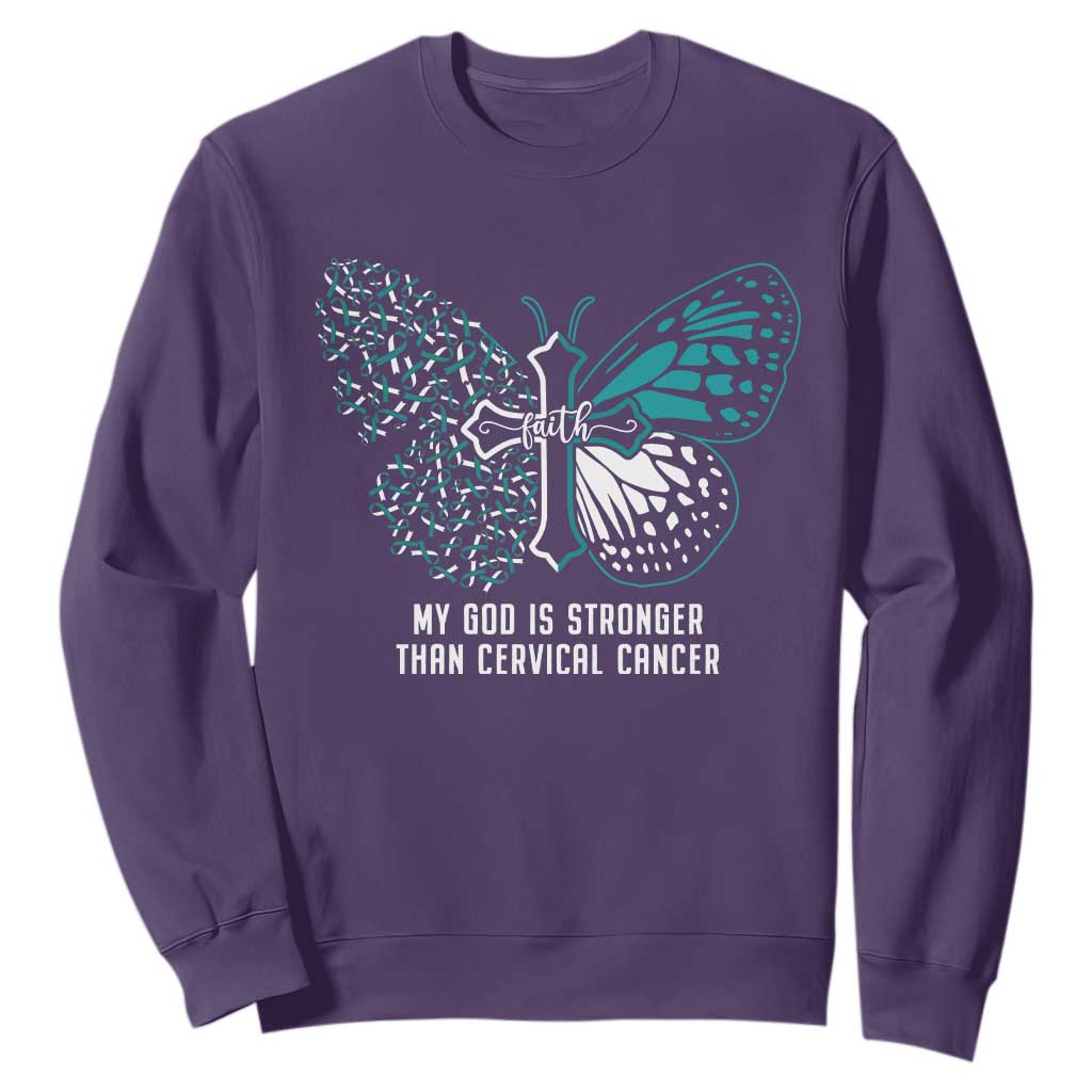 Cervical Cancer Warrior Sweatshirt My God is Stronger Teal And White Butterfly Christian Cross Faith TS02 Purple Print Your Wear