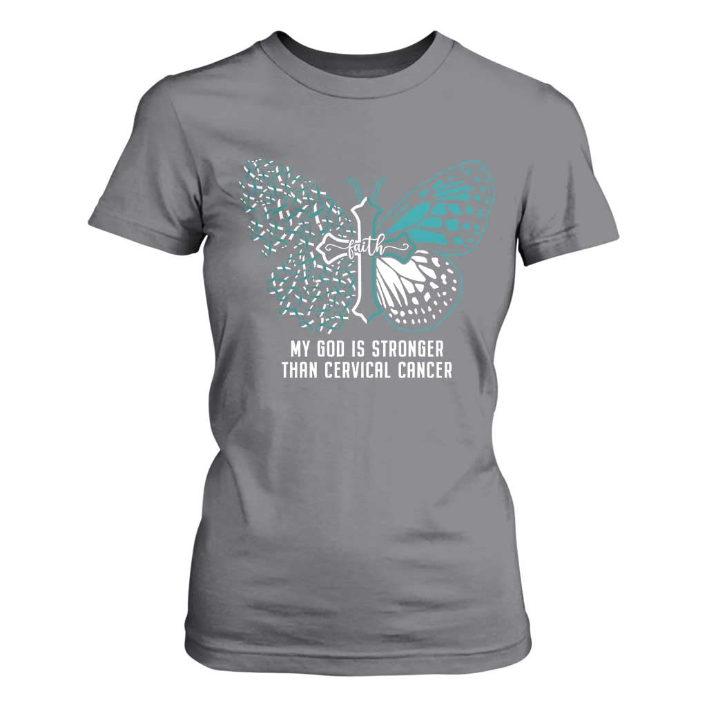 Cervical Cancer Warrior T Shirt For Women My God is Stronger Teal And White Butterfly Christian Cross Faith TS02 Charcoal Print Your Wear