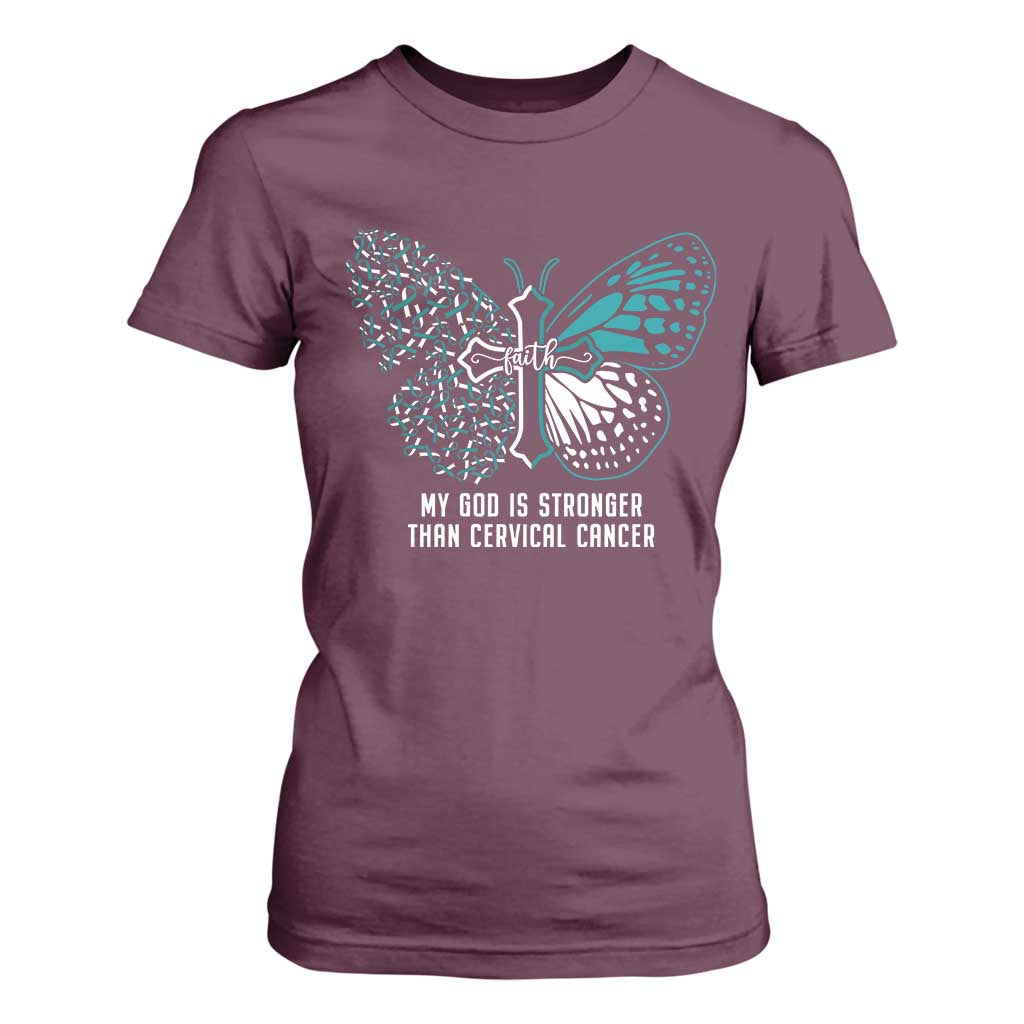 Cervical Cancer Warrior T Shirt For Women My God is Stronger Teal And White Butterfly Christian Cross Faith TS02 Maroon Print Your Wear