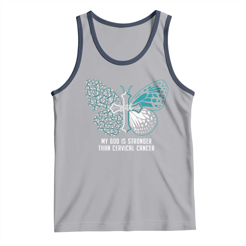 Cervical Cancer Warrior Tank Top My God is Stronger Teal And White Butterfly Christian Cross Faith TS02 Athletic Heather Navy Print Your Wear