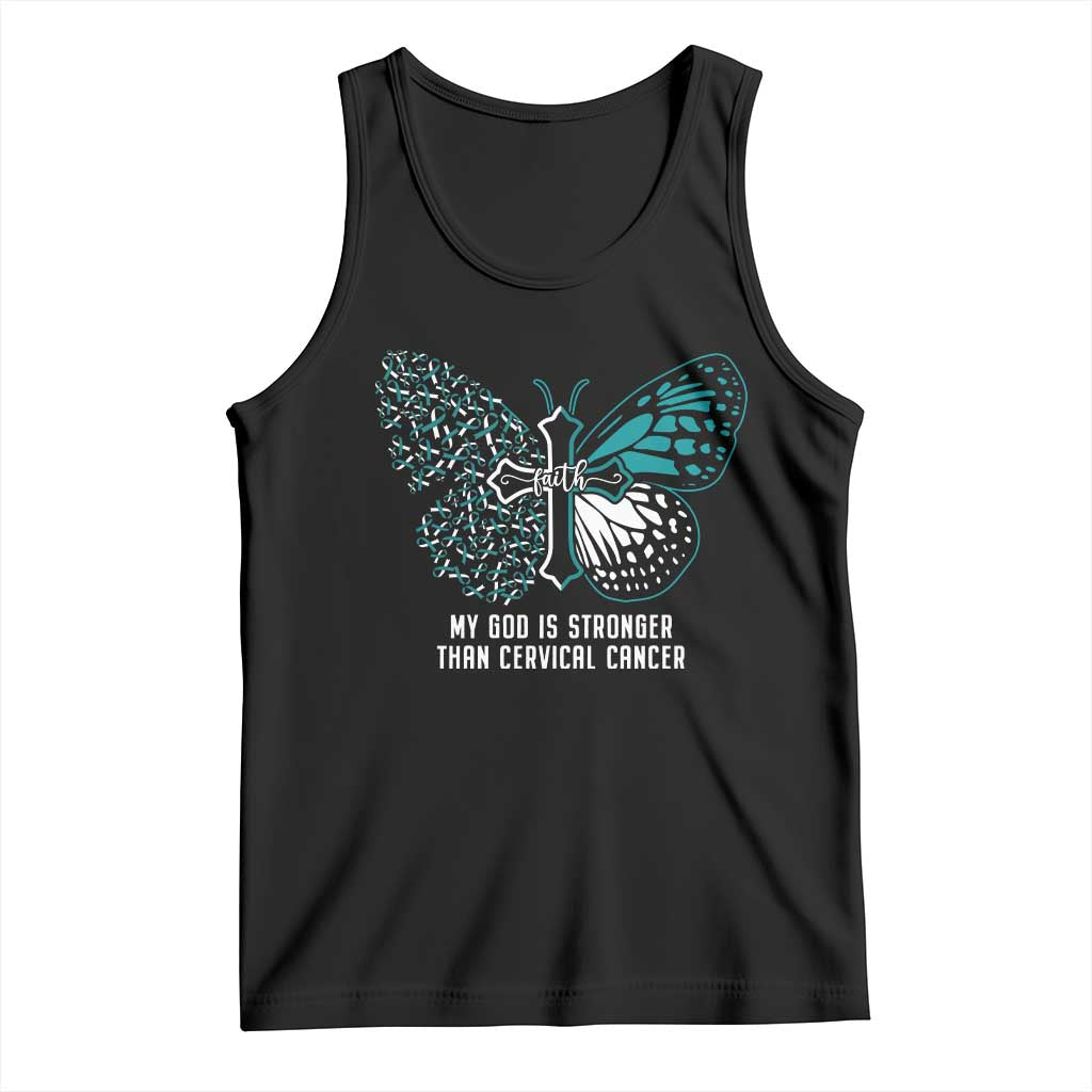 Cervical Cancer Warrior Tank Top My God is Stronger Teal And White Butterfly Christian Cross Faith TS02 Black Print Your Wear