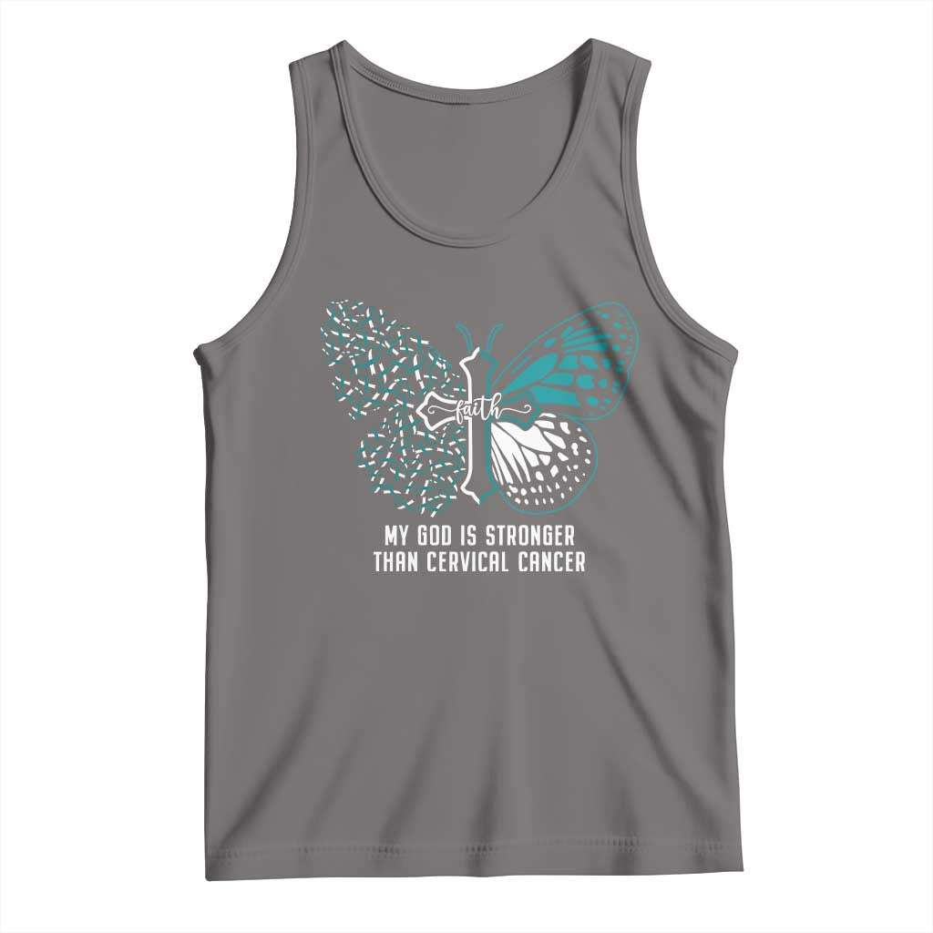 Cervical Cancer Warrior Tank Top My God is Stronger Teal And White Butterfly Christian Cross Faith TS02 Deep Heather Print Your Wear