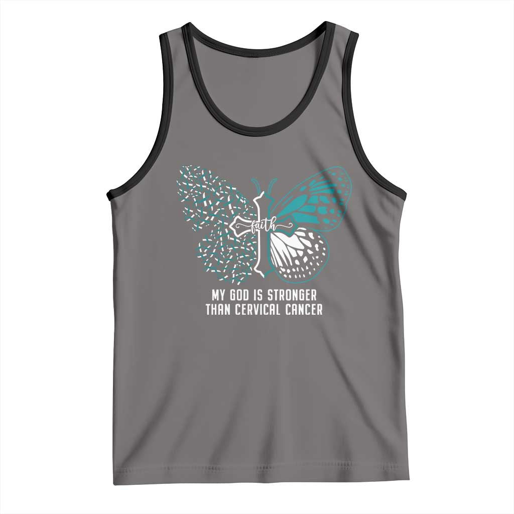 Cervical Cancer Warrior Tank Top My God is Stronger Teal And White Butterfly Christian Cross Faith TS02 Deep Heather Black Print Your Wear