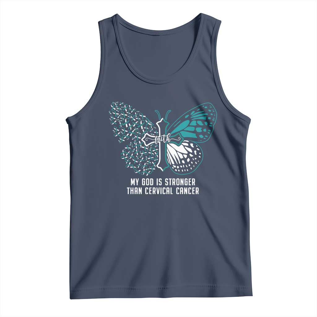 Cervical Cancer Warrior Tank Top My God is Stronger Teal And White Butterfly Christian Cross Faith TS02 Navy Print Your Wear