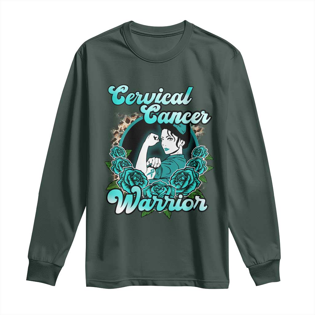 Cervical Cancer Warrior Long Sleeve Shirt Support Squad Survivor Fighter Teal Ribbon TS02 Dark Forest Green Print Your Wear