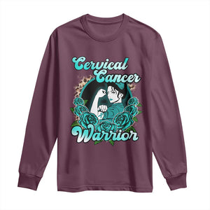 Cervical Cancer Warrior Long Sleeve Shirt Support Squad Survivor Fighter Teal Ribbon TS02 Maroon Print Your Wear
