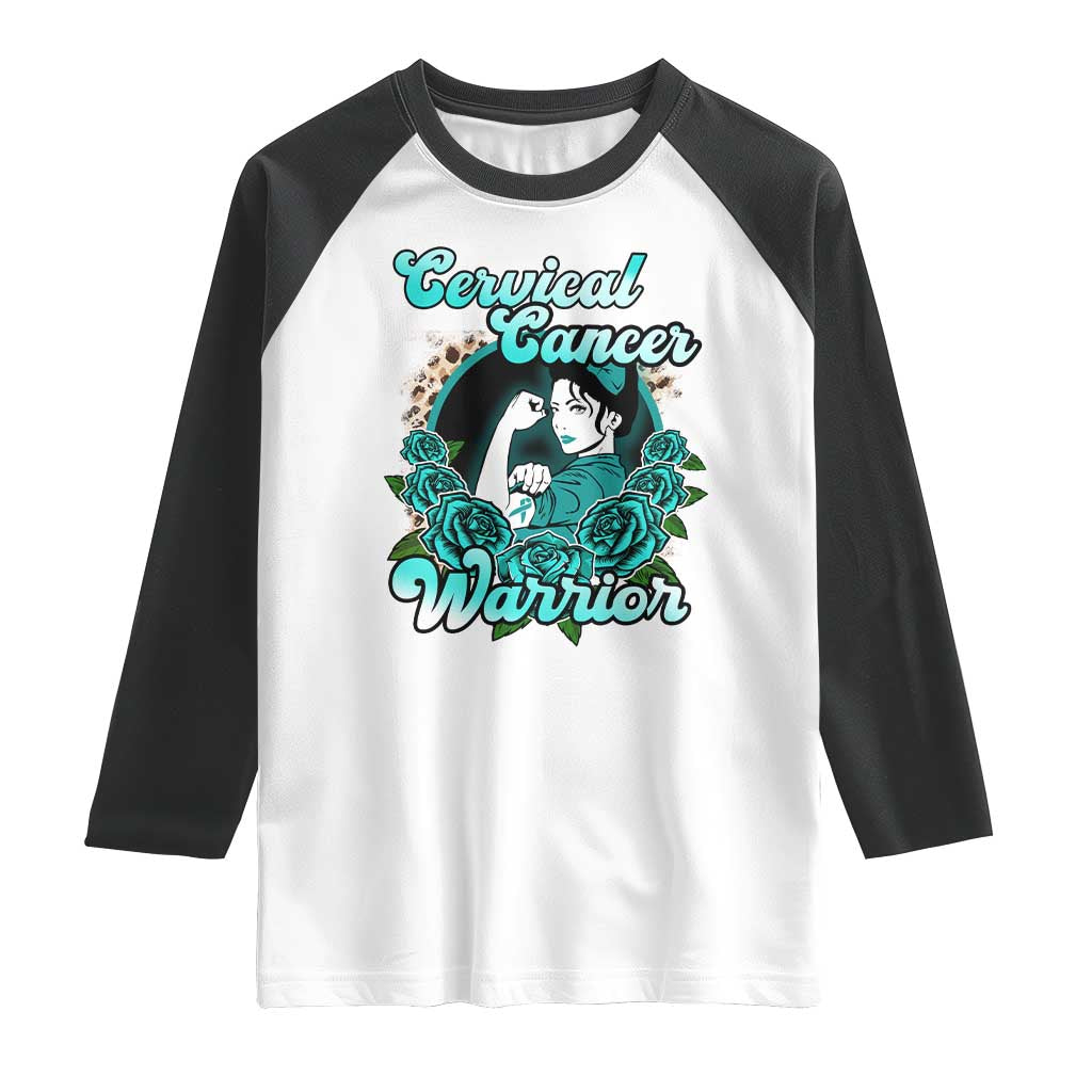 Cervical Cancer Warrior Raglan Shirt Support Squad Survivor Fighter Teal Ribbon TS02 White Black Print Your Wear