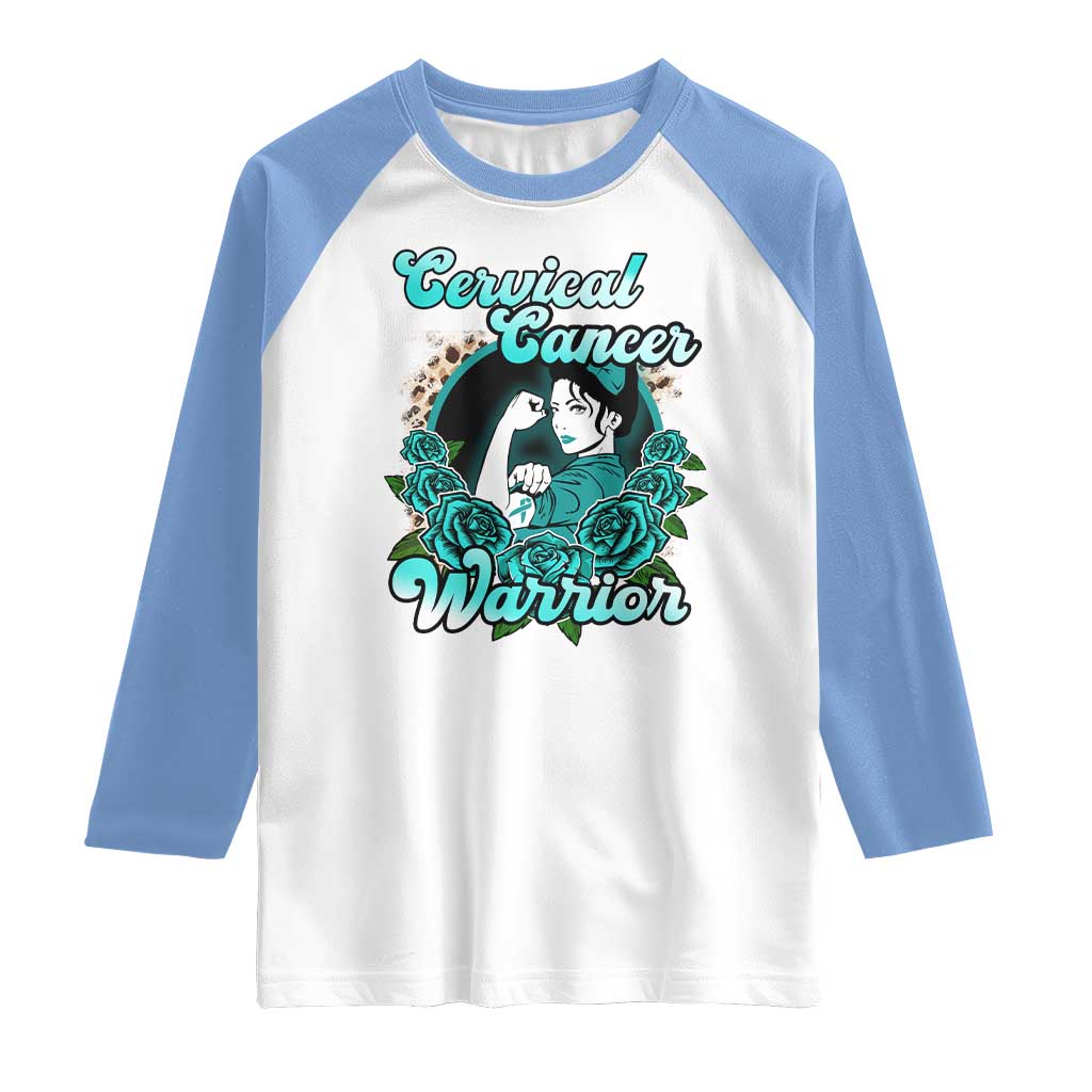 Cervical Cancer Warrior Raglan Shirt Support Squad Survivor Fighter Teal Ribbon TS02 White Carolina Blue Print Your Wear