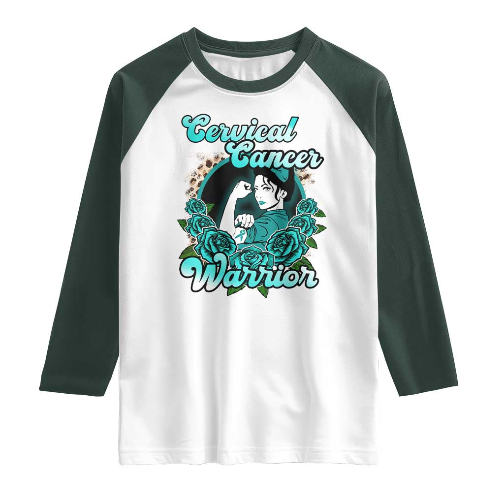 Cervical Cancer Warrior Raglan Shirt Support Squad Survivor Fighter Teal Ribbon TS02 White Dark Forest Green Print Your Wear