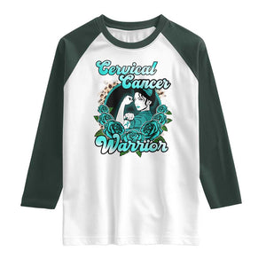 Cervical Cancer Warrior Raglan Shirt Support Squad Survivor Fighter Teal Ribbon TS02 White Dark Forest Green Print Your Wear
