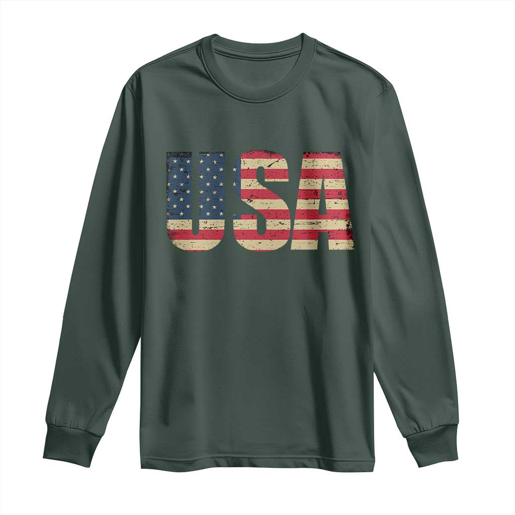 USA American Flag Long Sleeve Shirt Retro Vintage Patriotic TS02 Dark Forest Green Print Your Wear