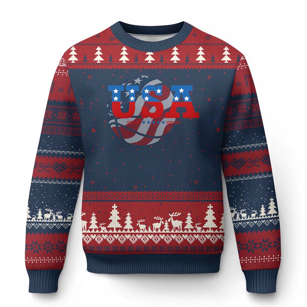 Basketball Ugly Christmas Sweater USA Patriotic American Flag Stars and Stripes Team Sport Fan TS02 Navy Red Print Your Wear
