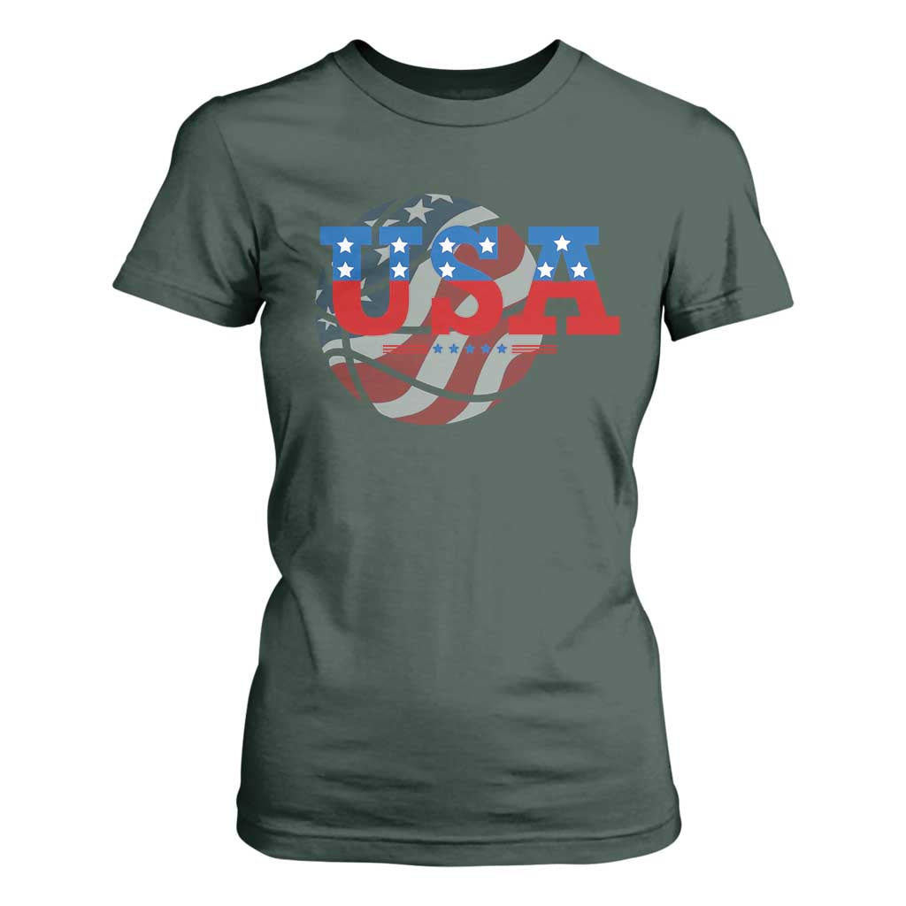 Basketball T Shirt For Women USA Patriotic American Flag Stars and Stripes Team Sport Fan TS02 Dark Forest Green Print Your Wear