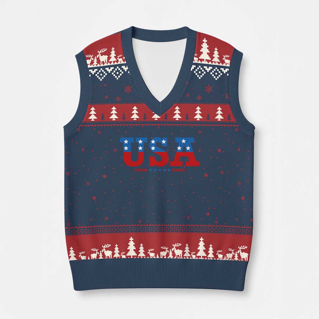 USA Patriotic V-Neck Knit Sweater Vest Red White Blue Stars TS02 Navy Red Print Your Wear