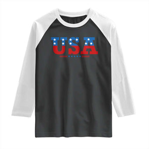 USA Patriotic Raglan Shirt Red White Blue Stars TS02 Black White Print Your Wear