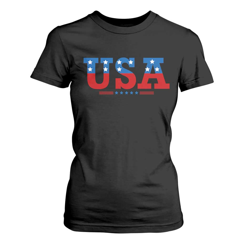 USA Patriotic T Shirt For Women Red White Blue Stars TS02 Black Print Your Wear