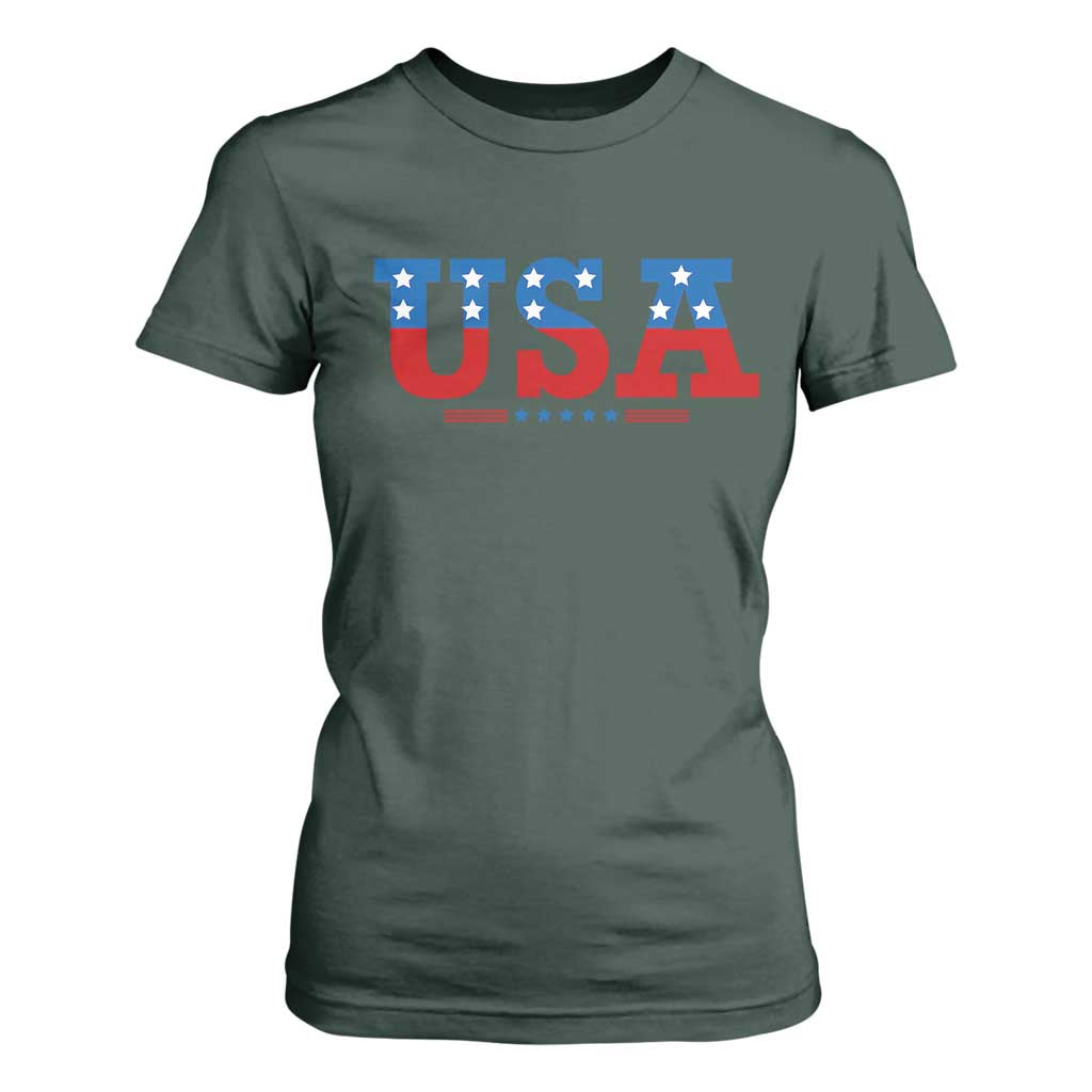 USA Patriotic T Shirt For Women Red White Blue Stars TS02 Dark Forest Green Print Your Wear