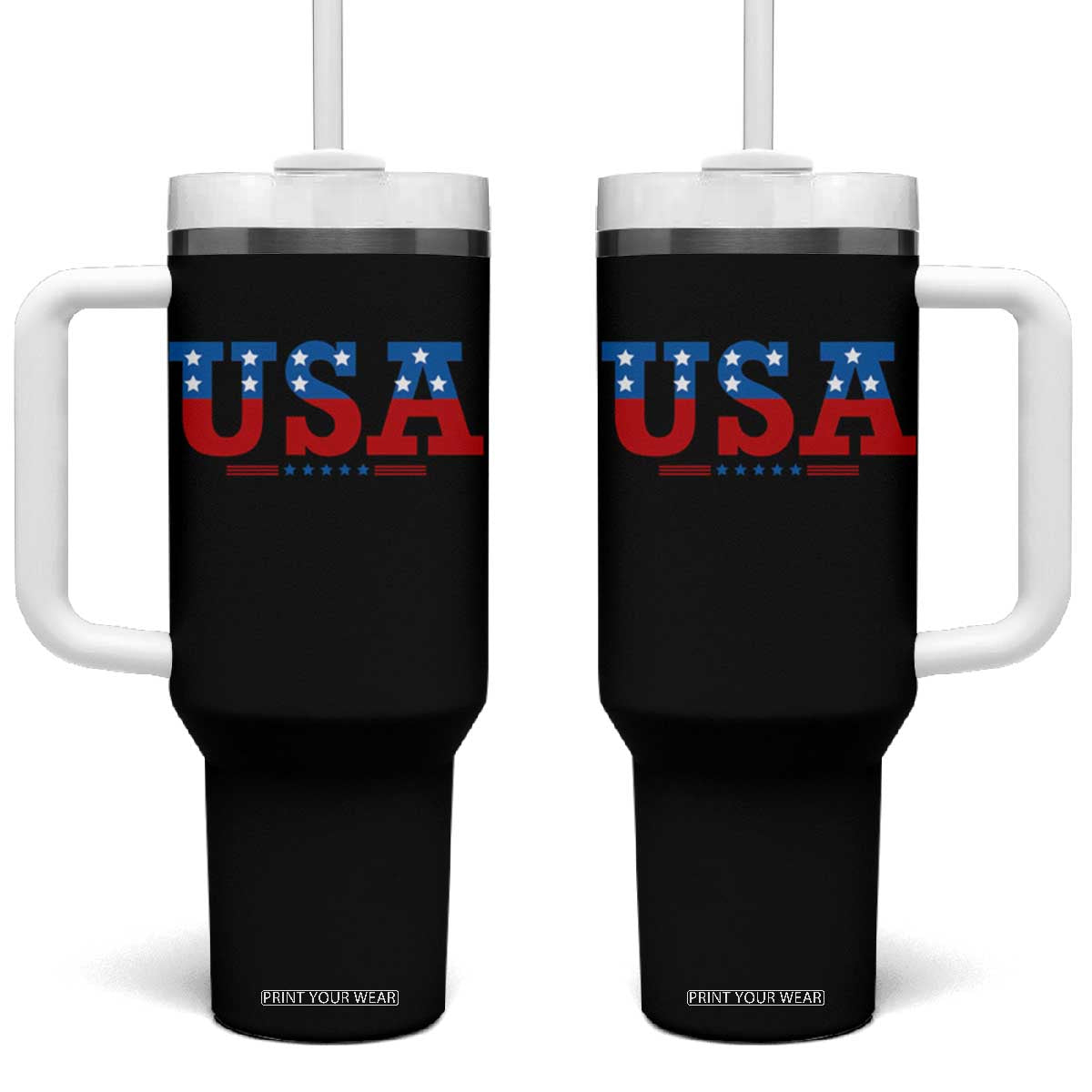 USA Patriotic Tumbler With Handle Red White Blue Stars TS02 One Size: 40 oz Black Print Your Wear