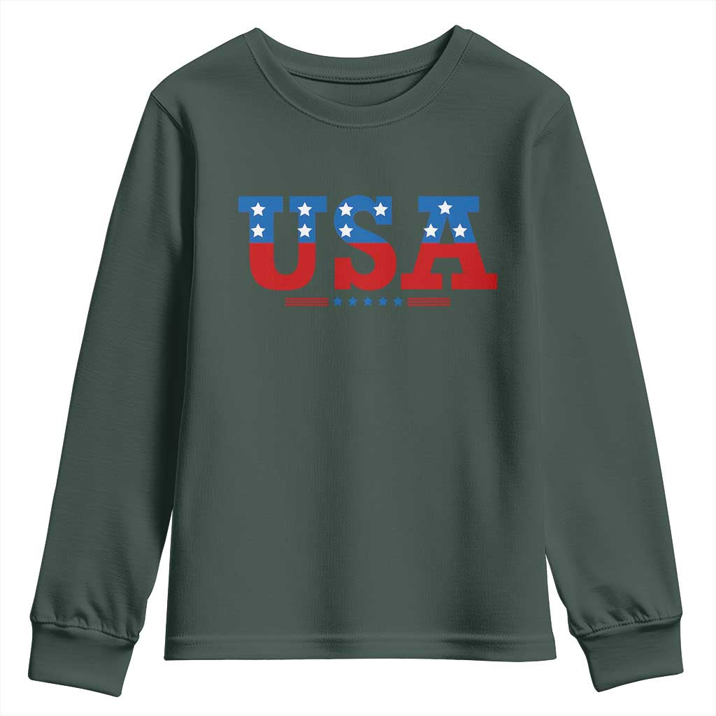 USA Patriotic Youth Sweatshirt Red White Blue Stars TS02 Dark Forest Green Print Your Wear