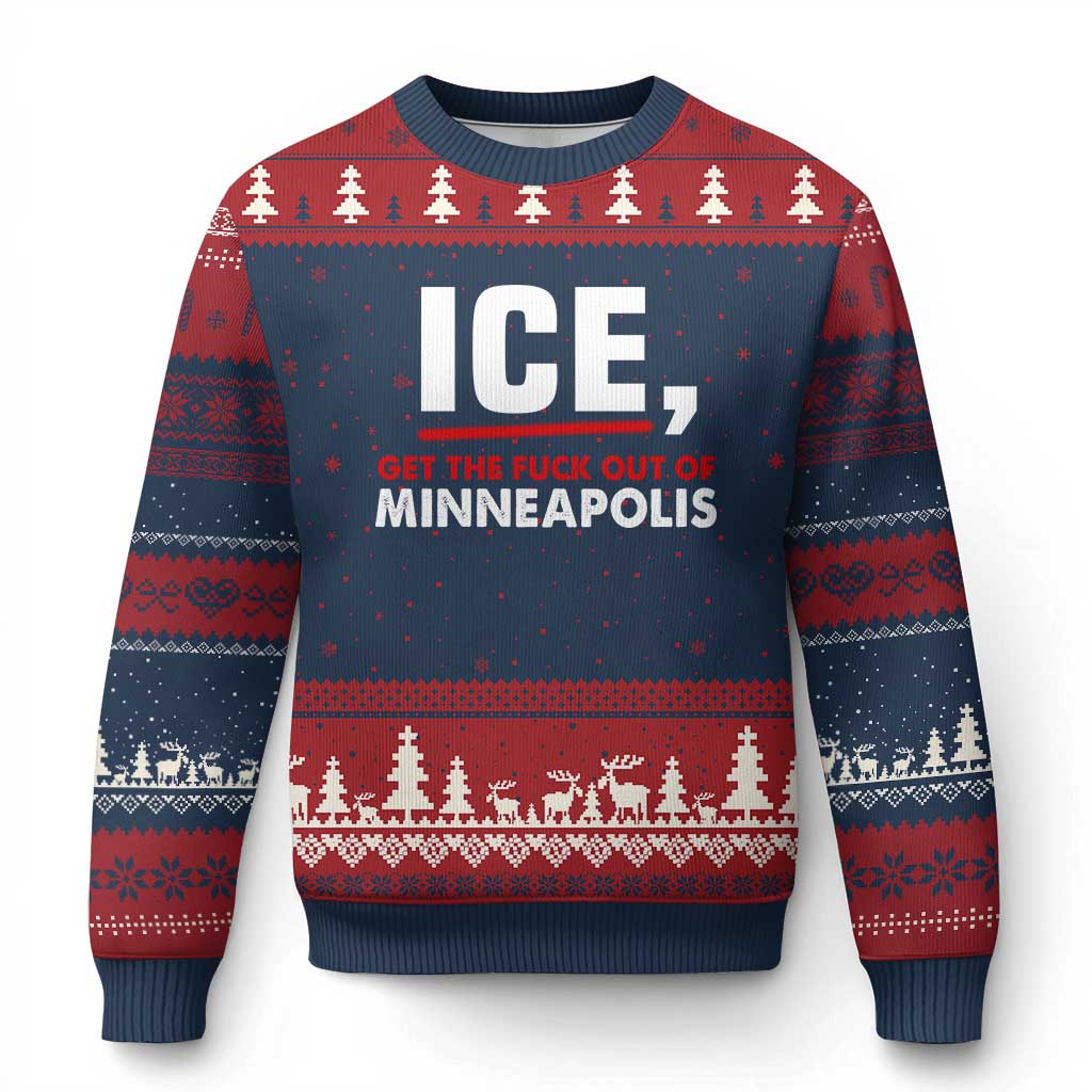 Ice Get The F Out of Minneapolis Ugly Christmas Sweater Red and White Statement Justice and Resistance Protest TS02 Navy Red Print Your Wear