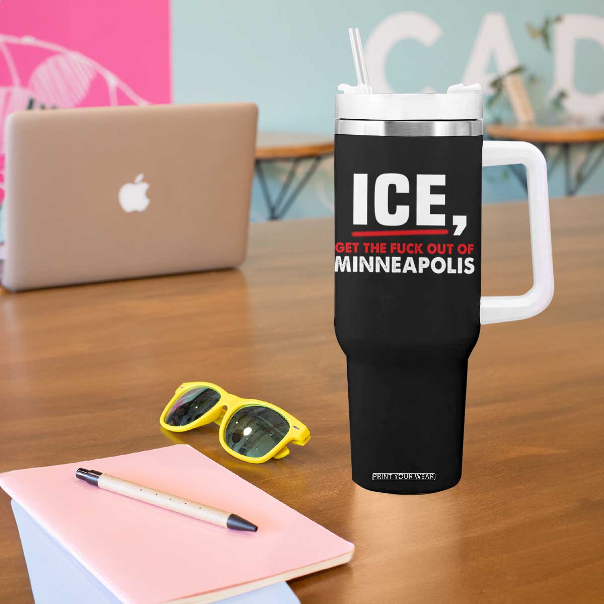 Ice Get The F Out of Minneapolis Tumbler With Handle Red and White Statement Justice and Resistance Protest TS02 Print Your Wear