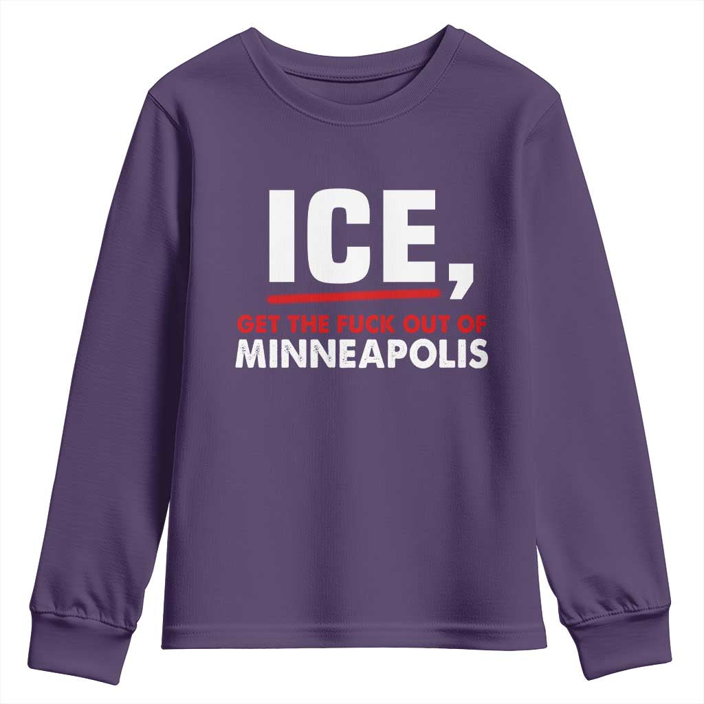 Ice Get The F Out of Minneapolis Youth Sweatshirt Red and White Statement Justice and Resistance Protest TS02 Purple Print Your Wear