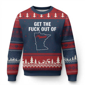 Get The F Out of Minnesota Protest Ugly Christmas Sweater State Map Minneapolis Jan 8 2026 Justice Protest TS02 Navy Red Print Your Wear