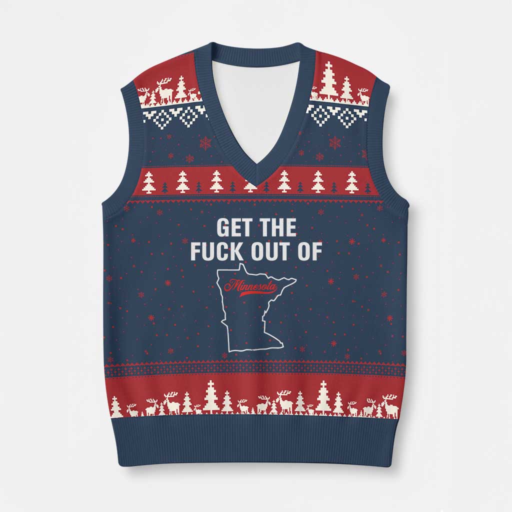 Get The F Out of Minnesota Protest V-Neck Knit Sweater Vest State Map Minneapolis Jan 8 2026 Justice Protest TS02 Navy Red Print Your Wear