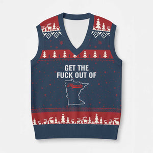 Get The F Out of Minnesota Protest V-Neck Knit Sweater Vest State Map Minneapolis Jan 8 2026 Justice Protest TS02 Navy Red Print Your Wear