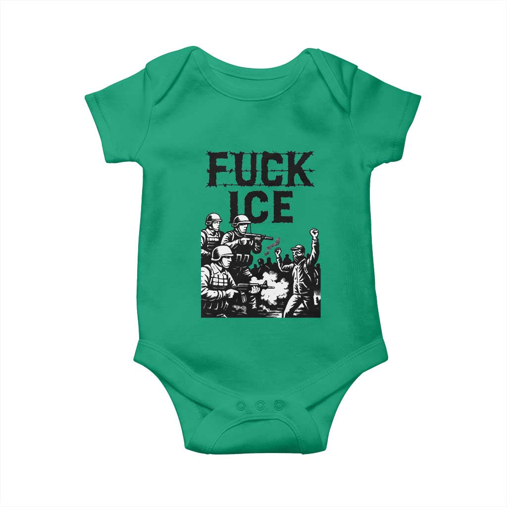 F Ice Riot Protest Graphic Baby Onesie Political Resistance Against Ice Violence TS02 Irish Green Print Your Wear