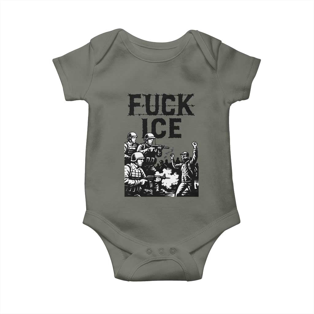 F Ice Riot Protest Graphic Baby Onesie Political Resistance Against Ice Violence TS02 Military Green Print Your Wear