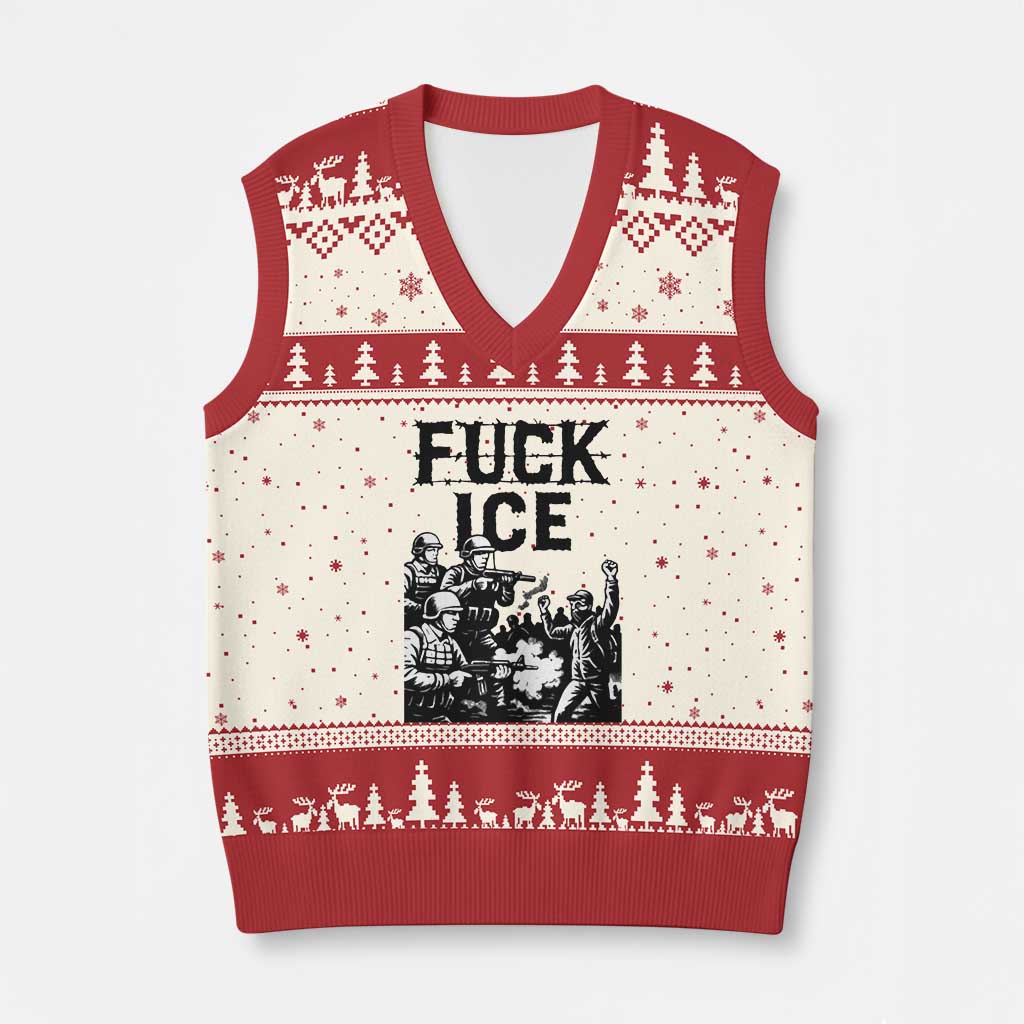 F Ice Riot Protest Graphic V-Neck Knit Sweater Vest Political Resistance Against Ice Violence TS02 Beige Red Print Your Wear