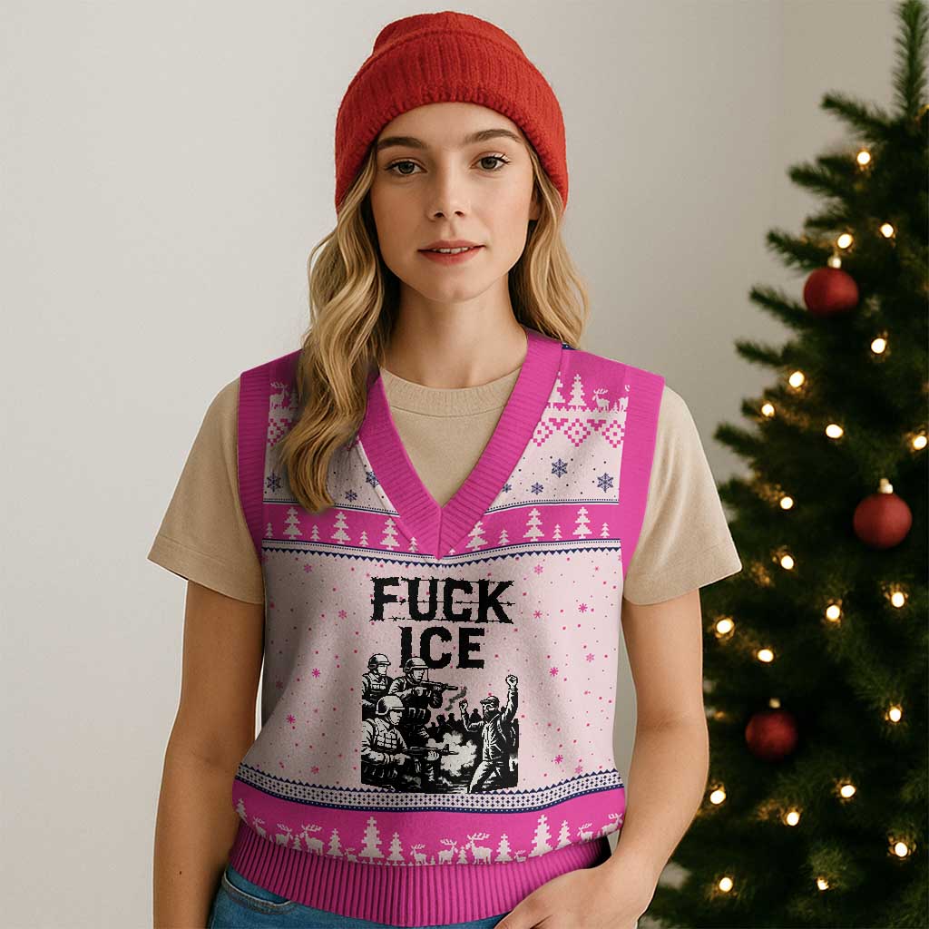 F Ice Riot Protest Graphic V-Neck Knit Sweater Vest Political Resistance Against Ice Violence TS02 Hot Pink Print Your Wear