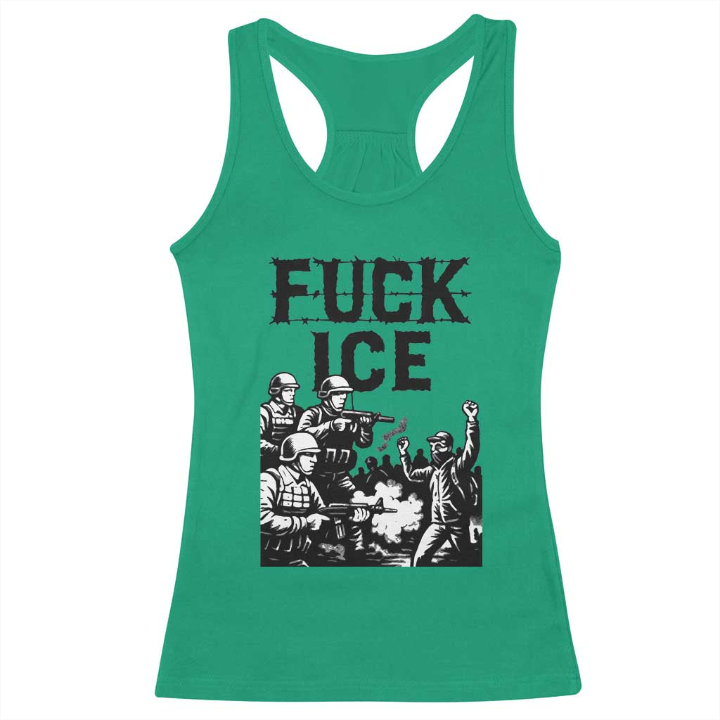 F Ice Riot Protest Graphic Racerback Tank Top Political Resistance Against Ice Violence TS02 Irish Green Print Your Wear
