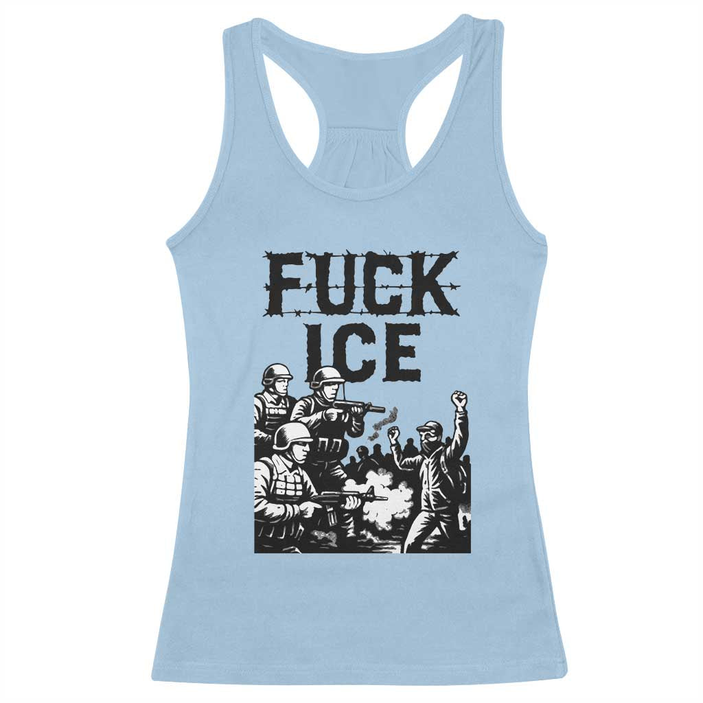 F Ice Riot Protest Graphic Racerback Tank Top Political Resistance Against Ice Violence TS02 Light Blue Print Your Wear