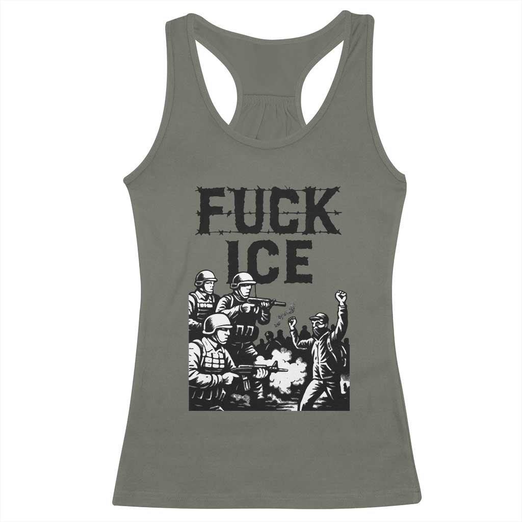 F Ice Riot Protest Graphic Racerback Tank Top Political Resistance Against Ice Violence TS02 Military Green Print Your Wear